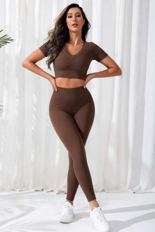 V-Neck Crop Top and High Waistband Long Active Pants Set