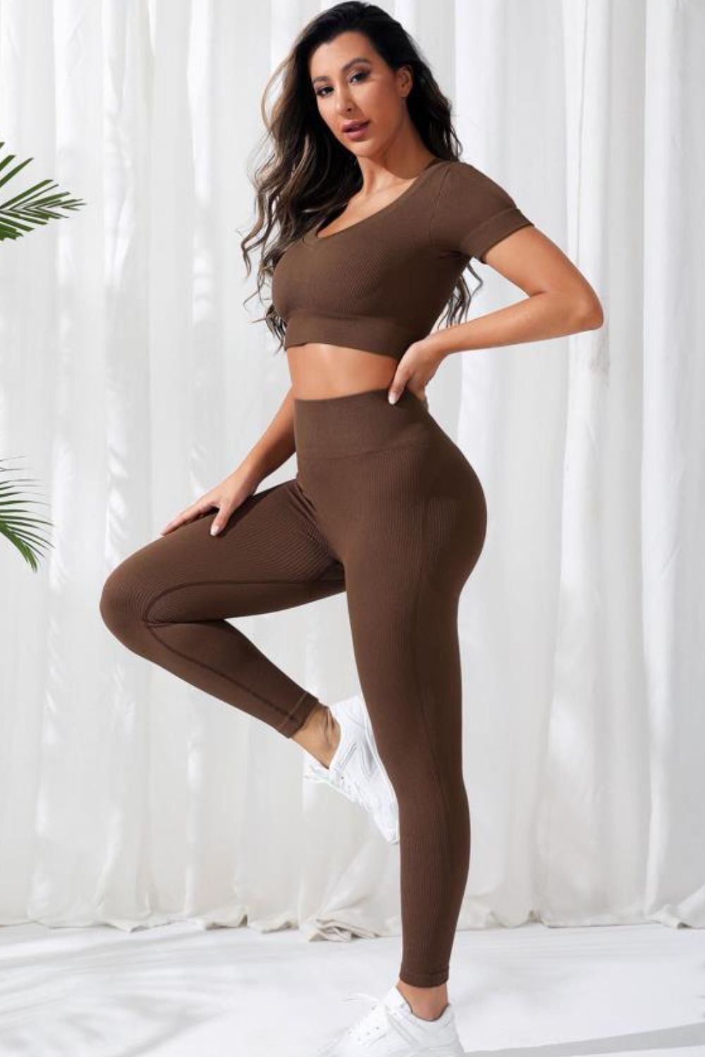 V-Neck Crop Top and High Waistband Long Active Pants Set